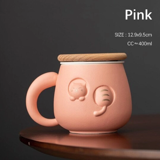 pink 3d cat ceramic tea infuser mug with infuser and wood lid