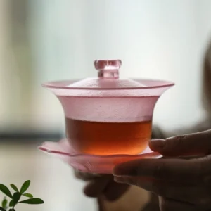 pink frosted 150ml glass gaiwan tea cup full set view