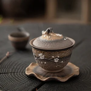 Full 3-piece plum blossom rustic ceramic gaiwan tea cup set front view