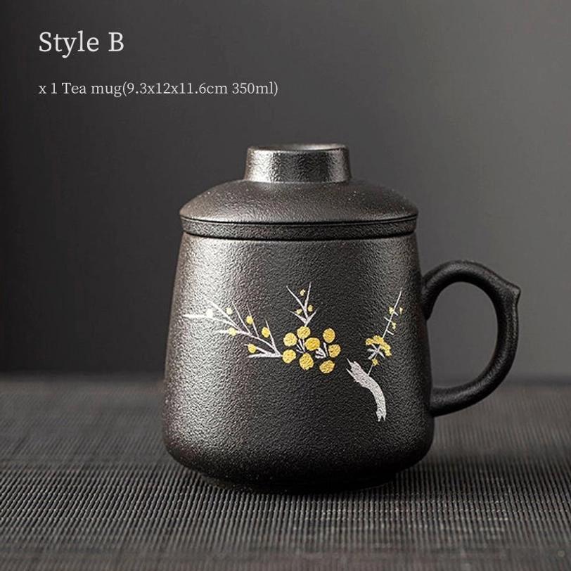plum blossom design matte black ceramic tea infuser mug with traditional chinese painting