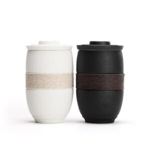 full set view of portable 280ml ceramic tea mug with infuser lid and carry bag