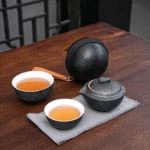 Full assembled 120ml ceramic travel tea set with dark textured finish