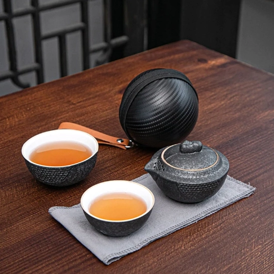 Full assembled 120ml ceramic travel tea set with dark textured finish