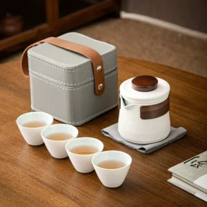 full assembled portable ceramic travel tea set with teapot and four teacups
