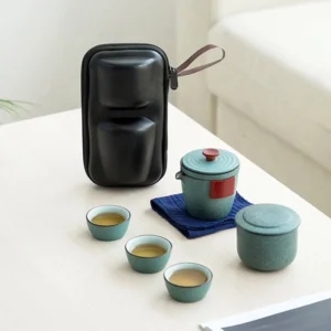 full travel tea set in open black protective carrying case