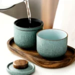 Full view of 120ml portable ceramic travel tea set with wood lid
