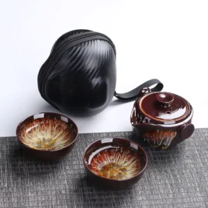 Complete portable ceramic travel tea set with gaiwan teacups and black carry bag