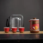 Portable red rabbit ceramic travel tea set full view with carrying bag