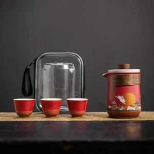 Portable red rabbit ceramic travel tea set full view with carrying bag