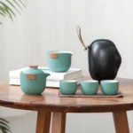 full view of 135ml portable travel tea set with teapot, tea pitcher, teacups and carrying case