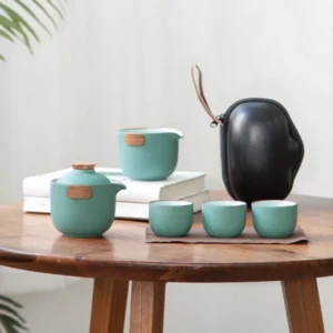 full view of 135ml portable travel tea set with teapot, tea pitcher, teacups and carrying case