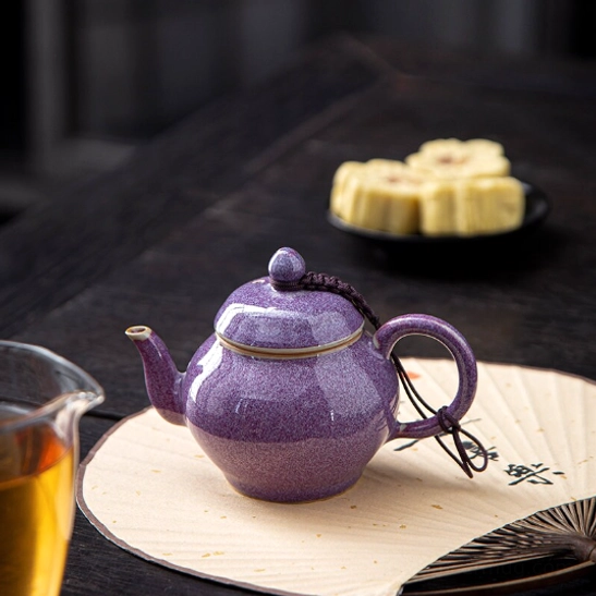 purple 100ml ceramic teapot with infuser full view