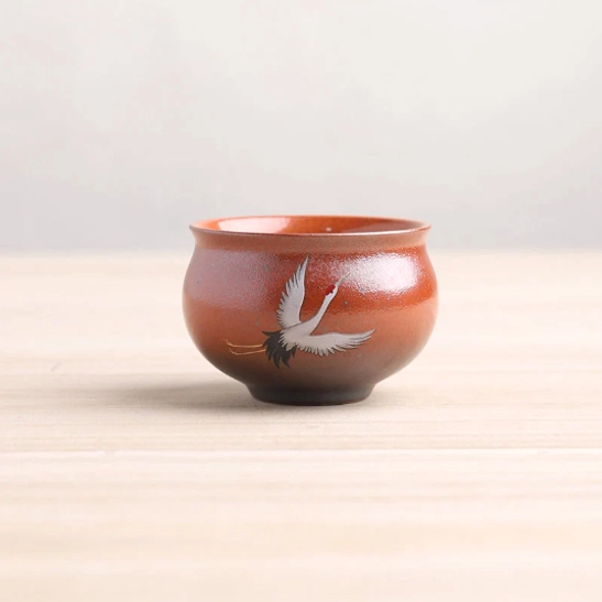 red-brown chinese ceramic tea cup with hand-painted crane motif 100ml