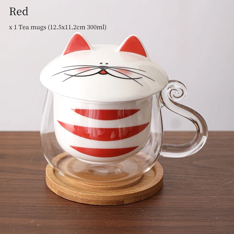 red cat glass tea infuser mug full set with infuser lid and coaster