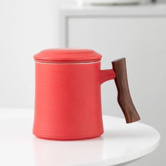 13oz red ceramic tea mug with wooden handle and ceramic infuser