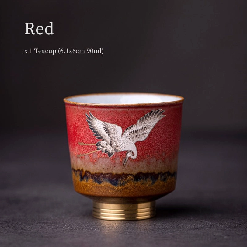 red color red crane chinese ceramic tea cup