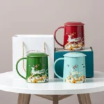 side view red sihe ruyi ceramic tea infuser mug with lid