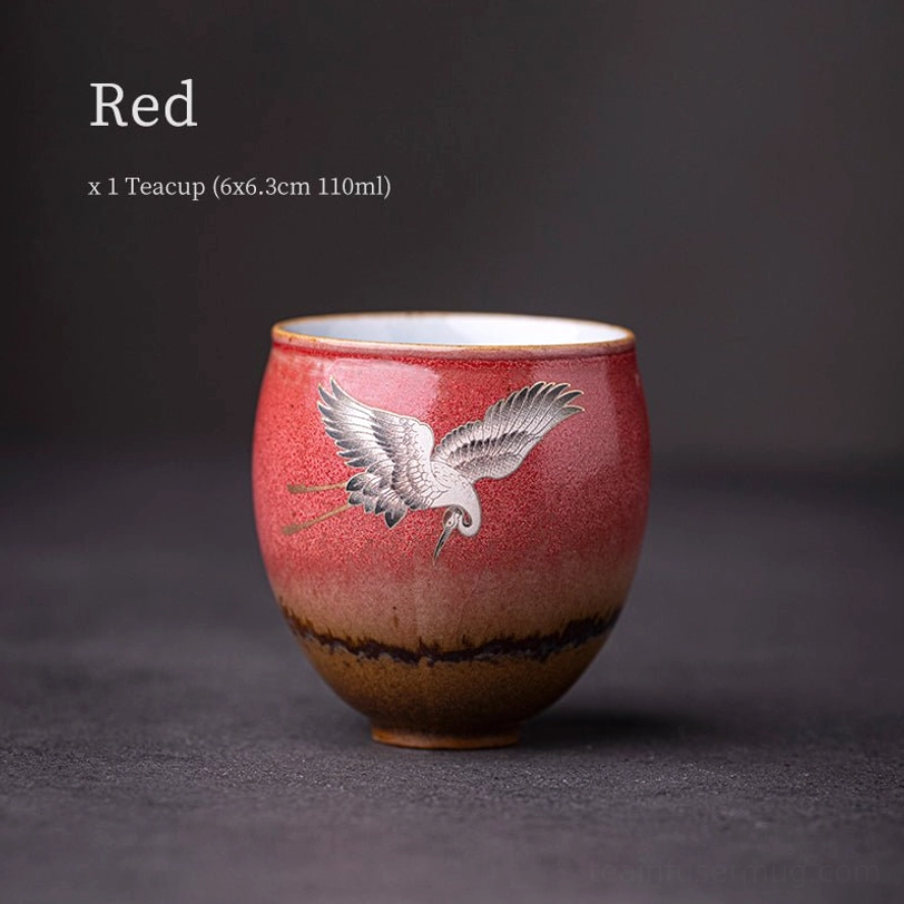 full view of red vintage chinese ceramic crane tea cup 110ml
