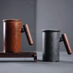 full view of retro 10oz ceramic tea infuser mug with wood handle infuser and lid