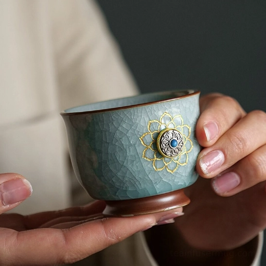 side view of light blue crackle glaze ru kiln chinese tea cup