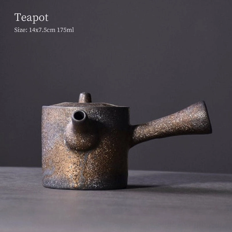 angle view of rustic bronze ceramic kyusu teapot with infuser