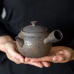 rustic iron glazed kyusu teapot with infuser side view 320ml
