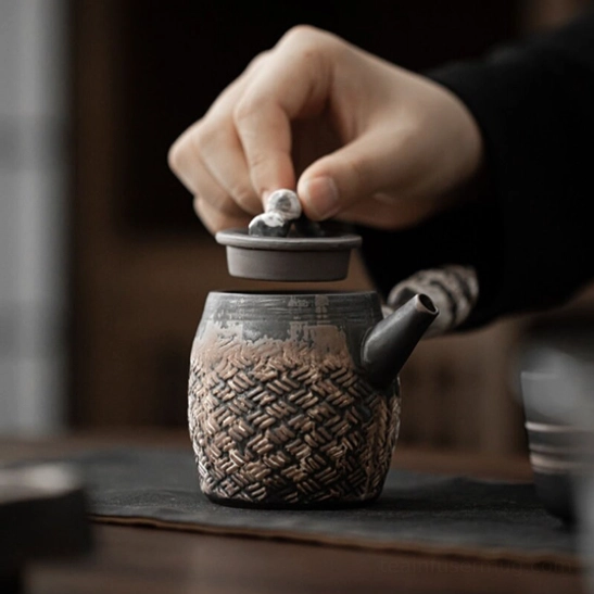 rustic textured finish japanese ceramic teapot side view
