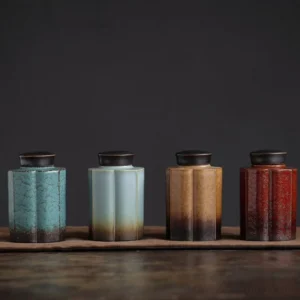 full view of glazed sealed ceramic tea storage canister