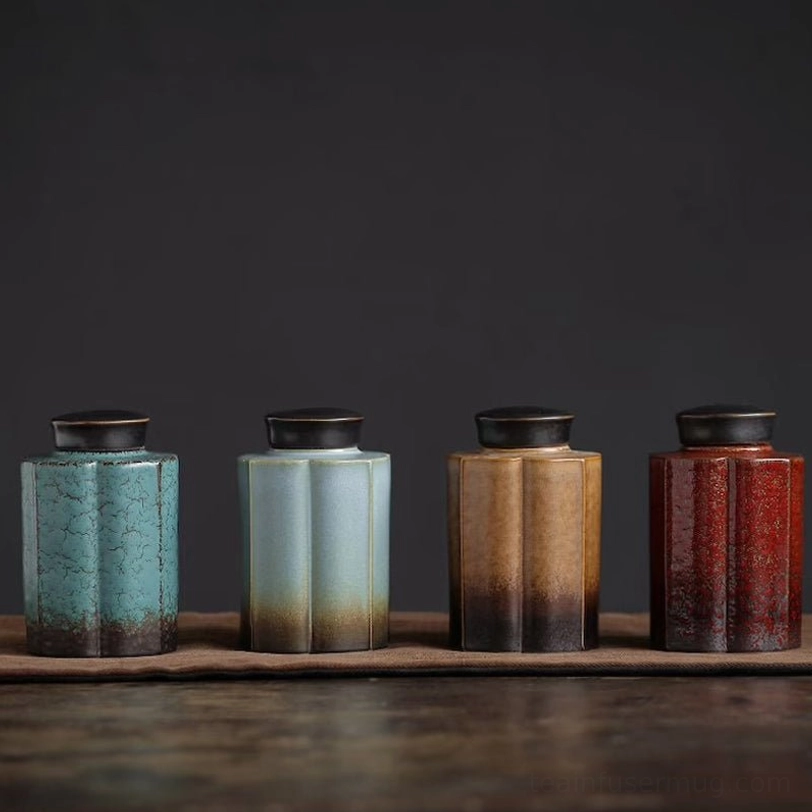 full view of glazed sealed ceramic tea storage canister