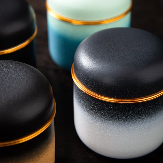 lid of sealed tea storage canister showing threaded gold seal ring