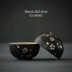 set of 2 black antique japanese tea bowls with silver sakura pattern