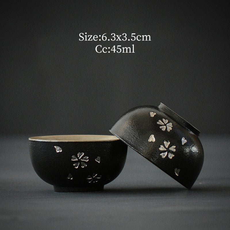 set of 2 black antique japanese tea bowls with silver sakura pattern