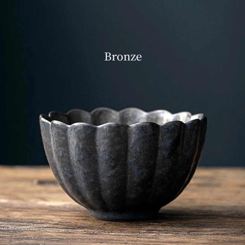 set of 5 bronze lotus shape ru kiln chinese tea cups