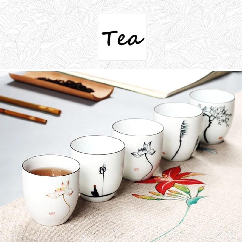 Set of 6 hand-painted Chinese porcelain Zen tea cups on wooden tray