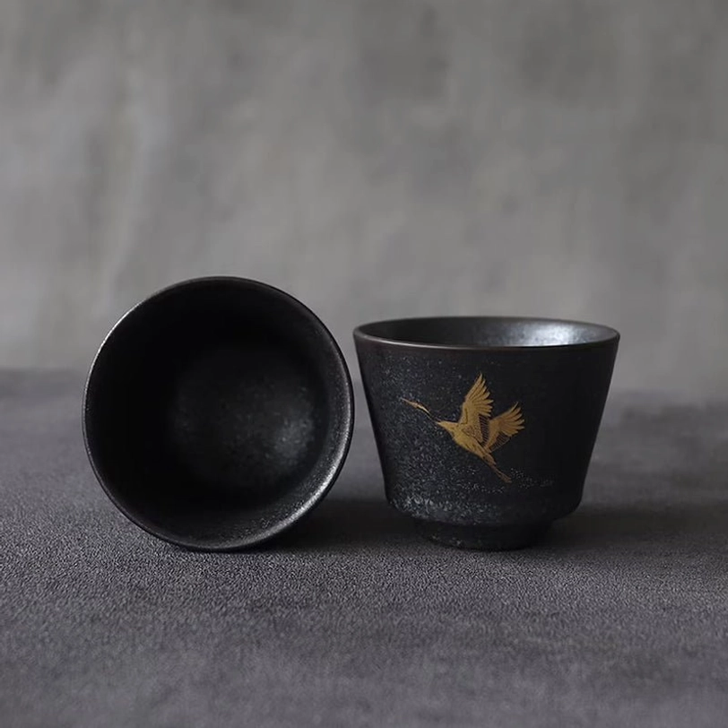 set of four black clay golden crane chinese tea cups