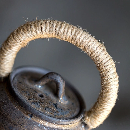 side angle view of blue gourd ceramic teapot with infuser