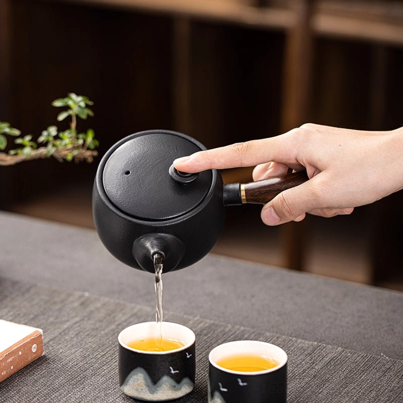 top view of spiral knob lid with vent hole on side handle teapot