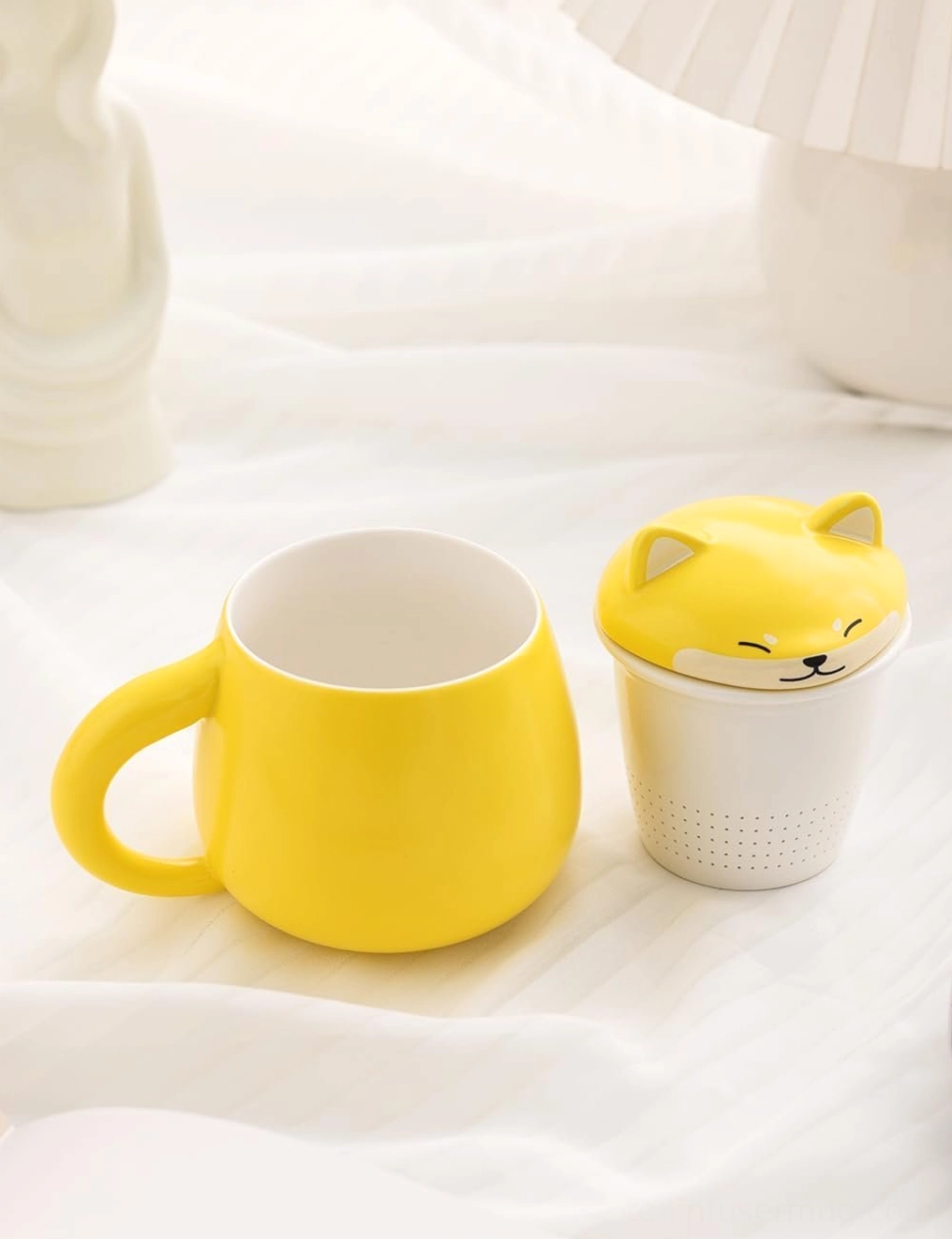 Side profile of yellow Shiba Inu tea infuser mug showing the curved handle