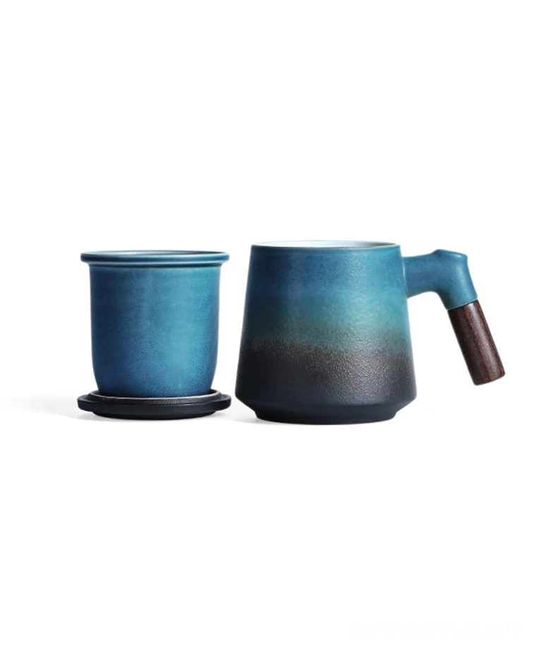 side view of 14oz ceramic tea infuser mug with wood handle