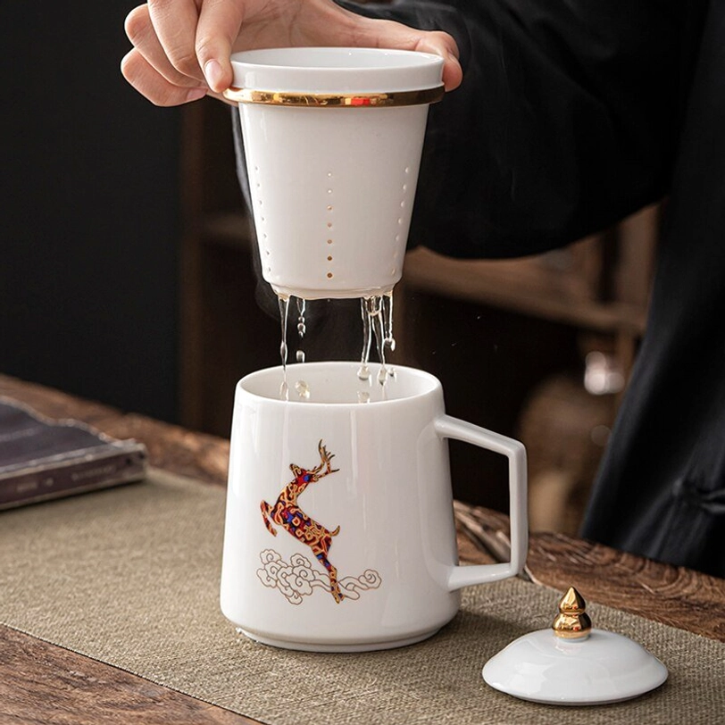 side view of 400ml 13.5oz ceramic tea infuser mug with handle