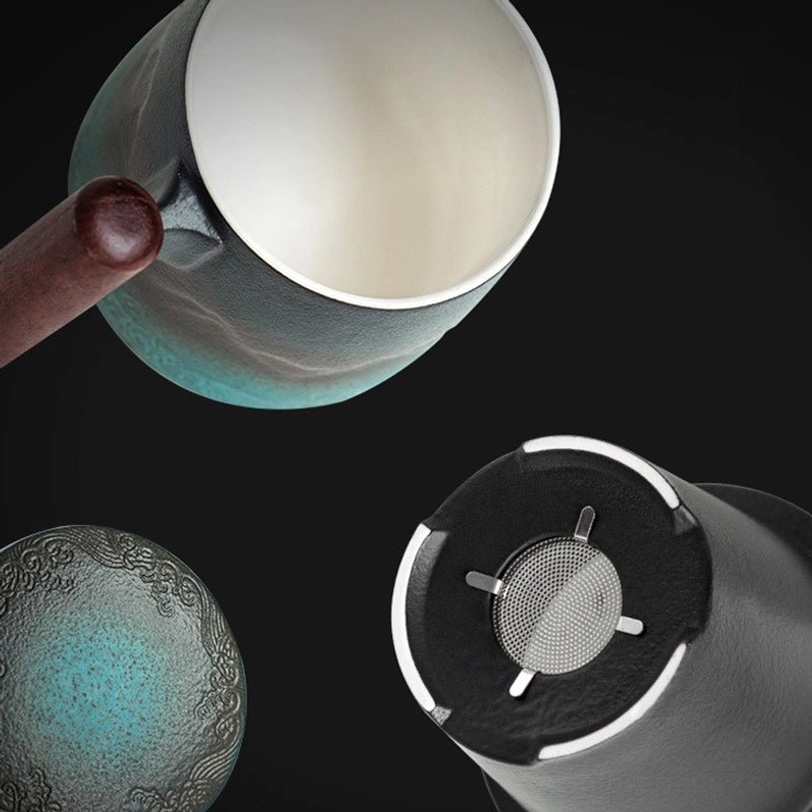 Side view of fully assembled tea infuser mug with ceramic lid