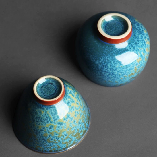 Side profile view of authentic Jun Kiln Chinese tea cup shape