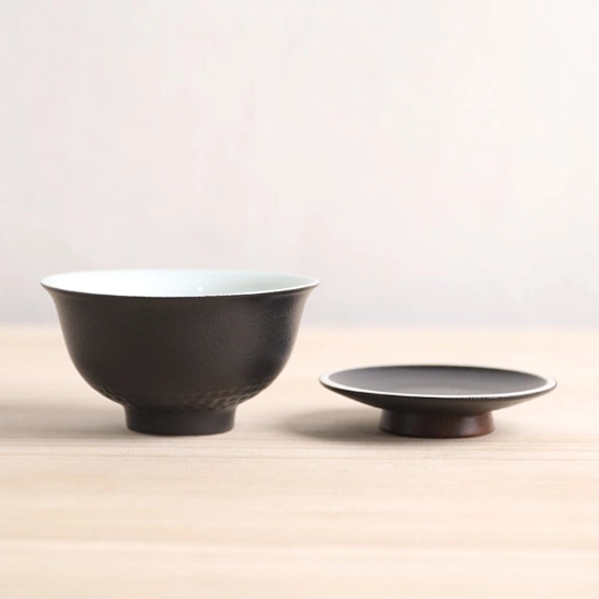 side view of 150ml black ceramic gaiwan tea cup with wood accents
