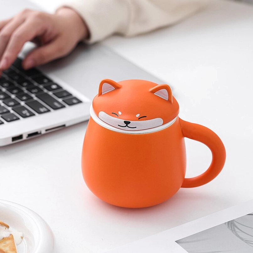 Side view of cute Shiba Inu ceramic tea infuser mug with lid