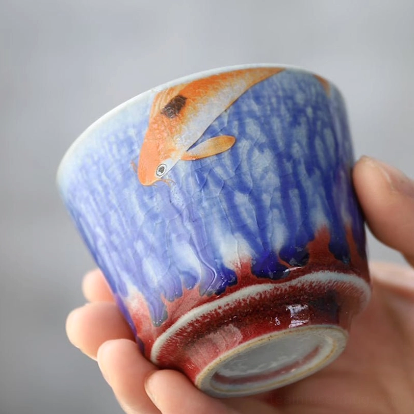 side view of deer pattern kiln glaze chinese tea cup 80ml