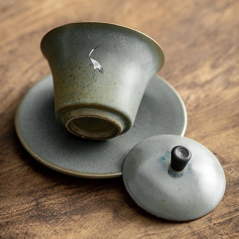 side view of 130ml rustic ceramic gaiwan tea cup with lid