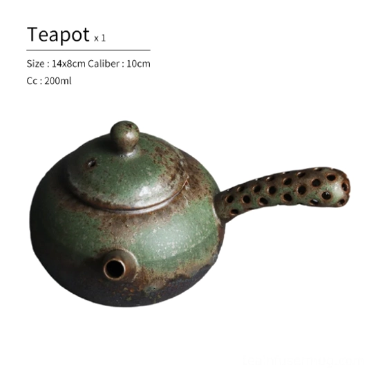 Side view of rustic ceramic Kyusu teapot showing side handle design