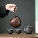 full view of 160ml silver black ceramic travel tea set in brown travel case