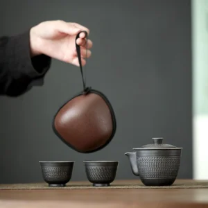 full view of 160ml silver black ceramic travel tea set in brown travel case