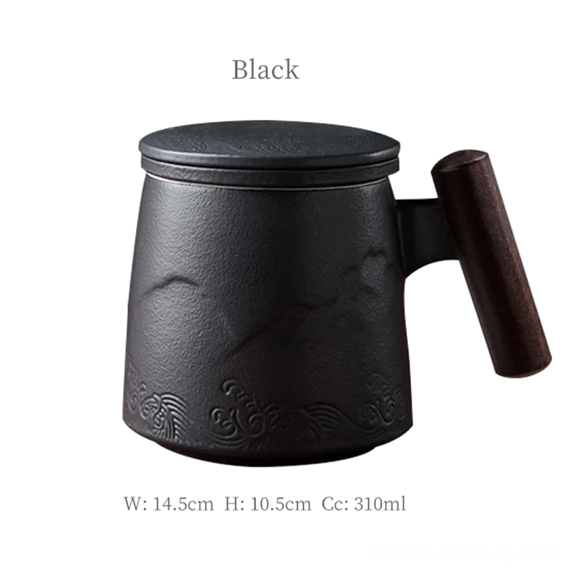 Solid black ceramic tea infuser mug with lid and wooden handle